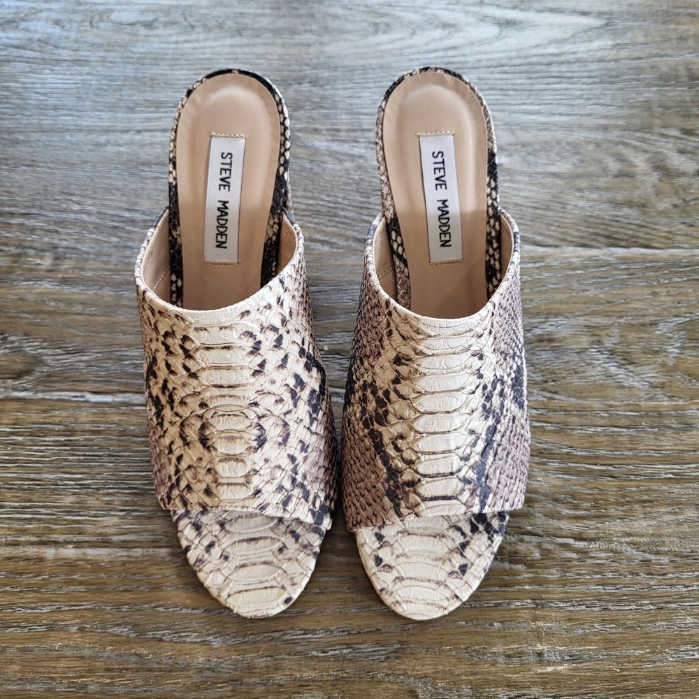 Steve Madden SLES01S1 Snakeskin Print Block Heel Mules Neutral Tan Size 7.5M - Picture 2 of 7
